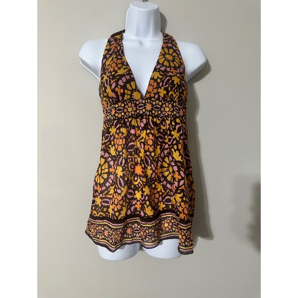 Trina Turk Halter Top Size 0 Brown Orange Floral Cotton Blend‎ Blouse